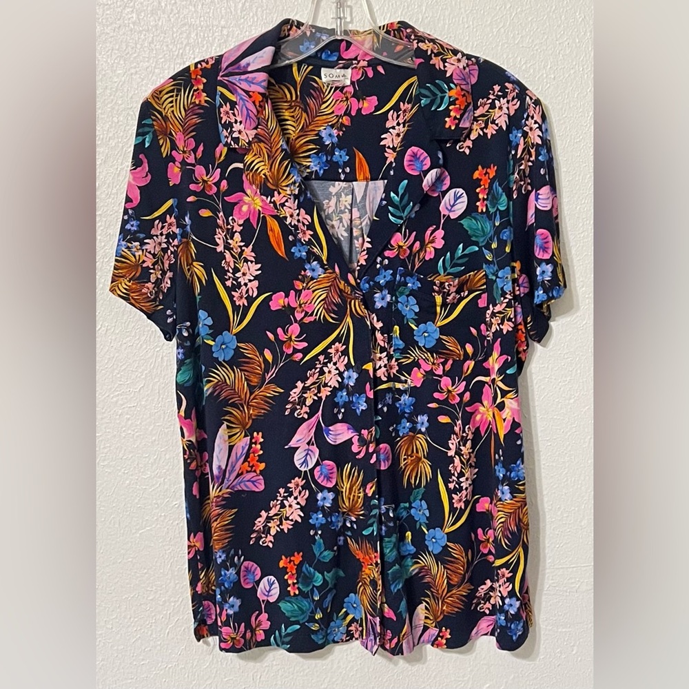 Soma Floral Pajama Set - Black with Pink and Blue Accents Top Large Bottoms M - Picture 2 of 10